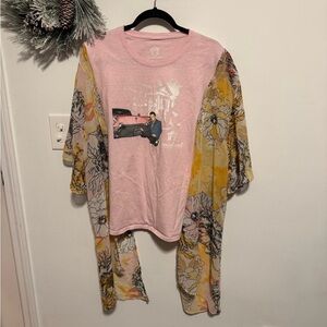 Upcycled Elvis Graceland Graphic Tee with Floral Kimono Sleeves